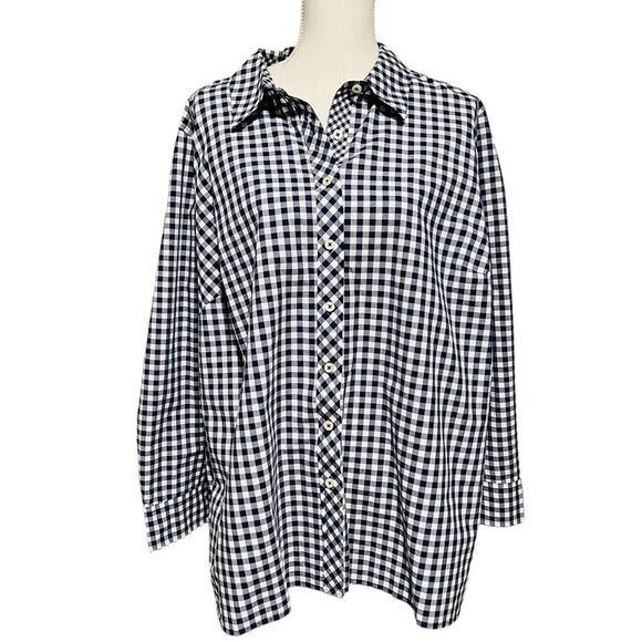 TALBOTS PLUS WOMENS NAVY & WHITE CHECKERED LONG SLEEVE BUTTONED DOWN SHIRT SZ 2X - Picture 1 of 9